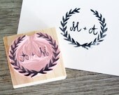 Custom Wedding Monogram Stamp, Laurel Wreath Stamp, Save the Date, Wreath