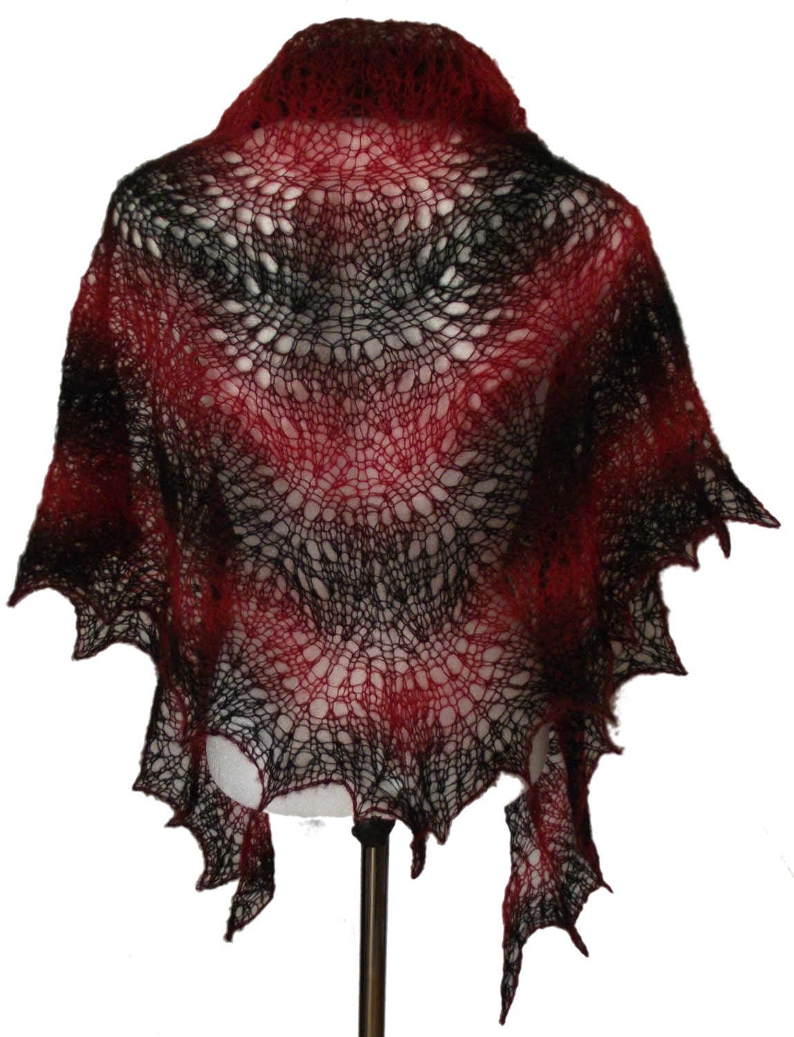 Red & black  soft delicate kid mohair lacy triangle shawl scarf Red Night