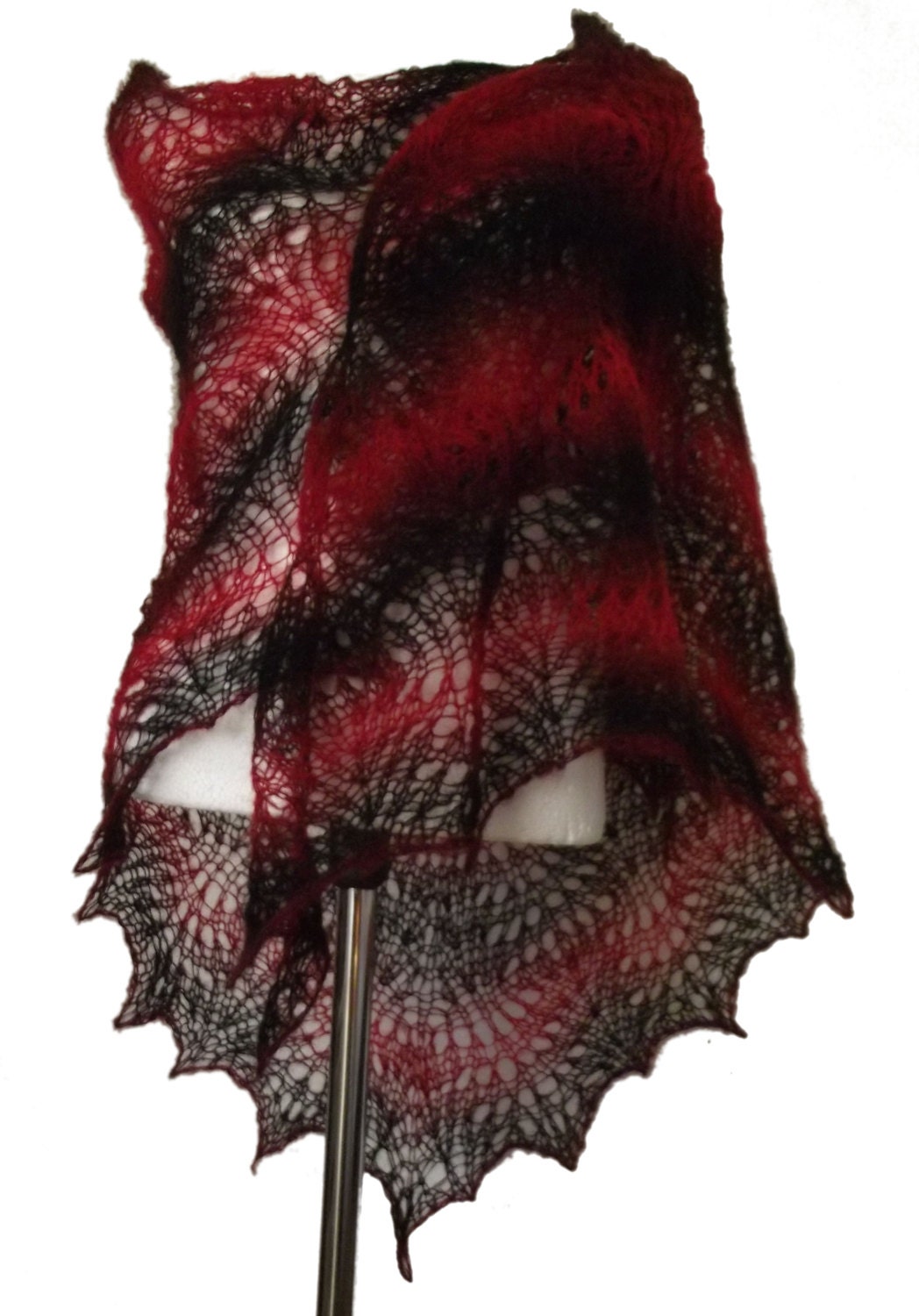 Red & black  soft delicate kid mohair lacy triangle shawl scarf Red Night