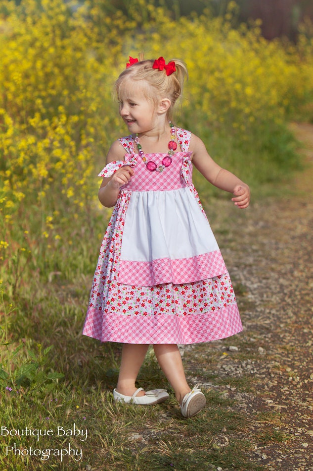 Pink and White Flowers and Check Petal Knot Apron Front Dress Girls Size 6, 12, 18, 24 months 2 3 4 5 Upcharge for 6 7 8