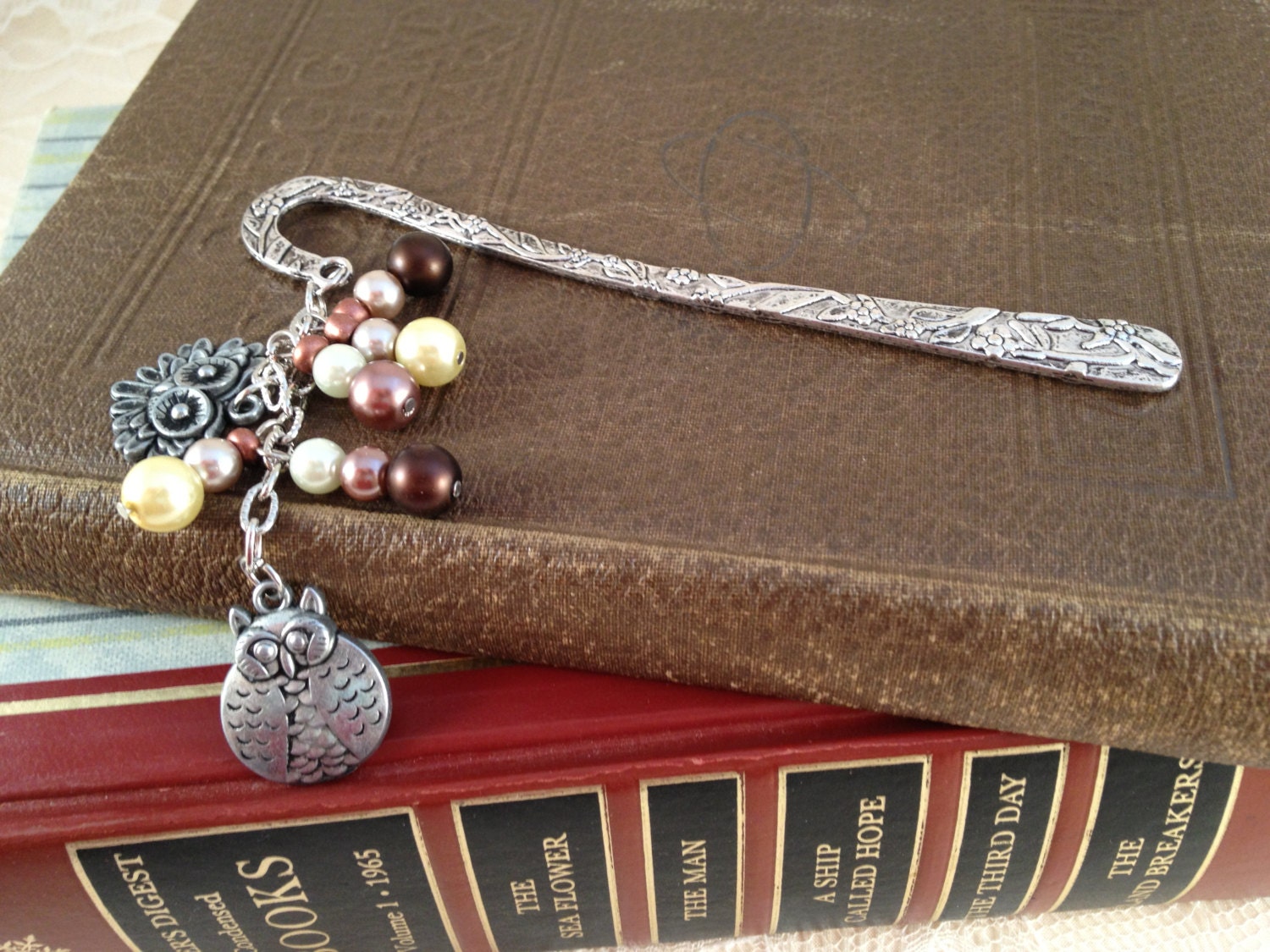Large Silver Bookmark with  Pearl and Owl Accents
