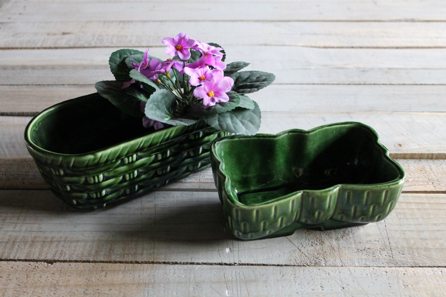 2 Vintage Green Flower Planters