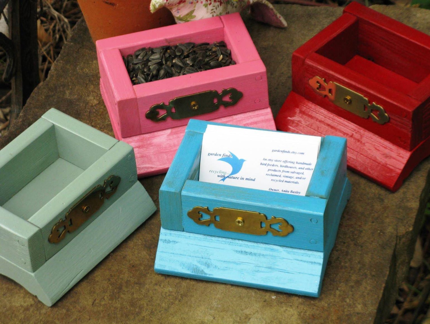 The Mini Series - Tabletop Bird Feeder or Business Card Holder, Upcycled & Vintage Materials
