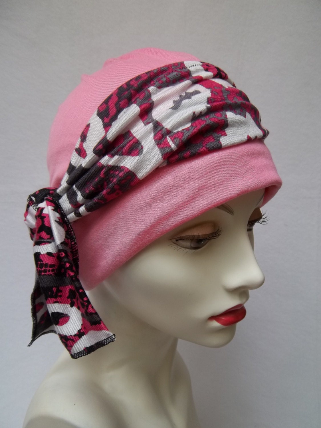 Hat Slouch Hot Pink Cotton Jersey w Pink Black Headband  Cap Chemo Alopecia  Nurse Scrub Cap