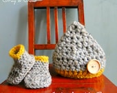 Baby Boy Hat  and  Booties  Baby Girl Hat  - Newborn to 3 Months- Gray and Yellow Gold- Custom Made