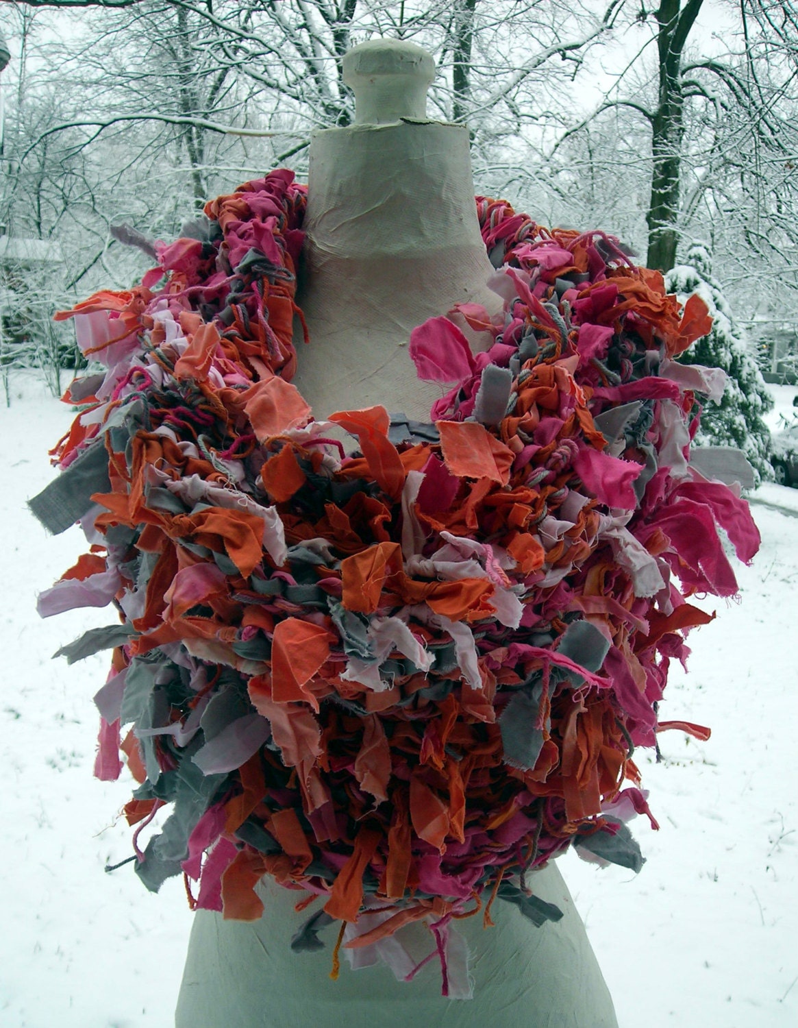 Pink and Orange Rag Knit Cowl Scarf