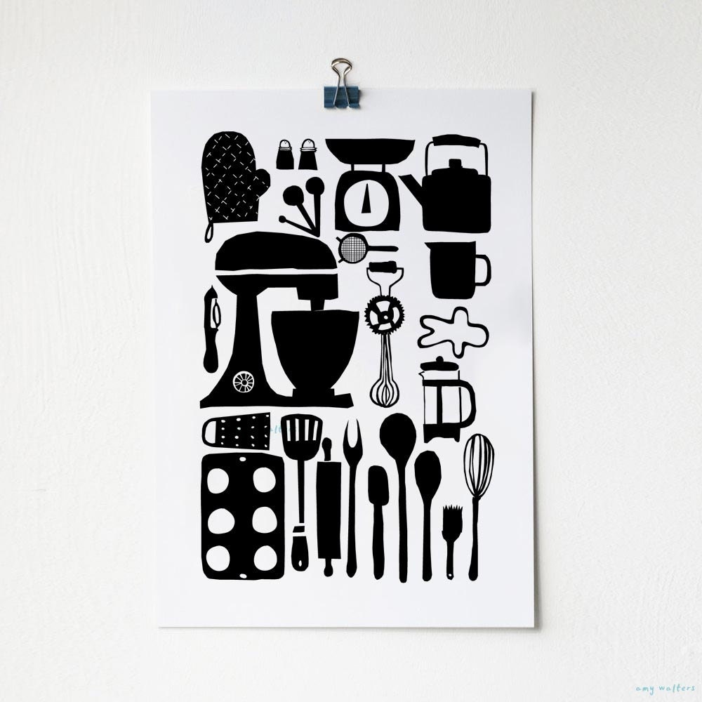 A3 Monochrome Kitchen Print