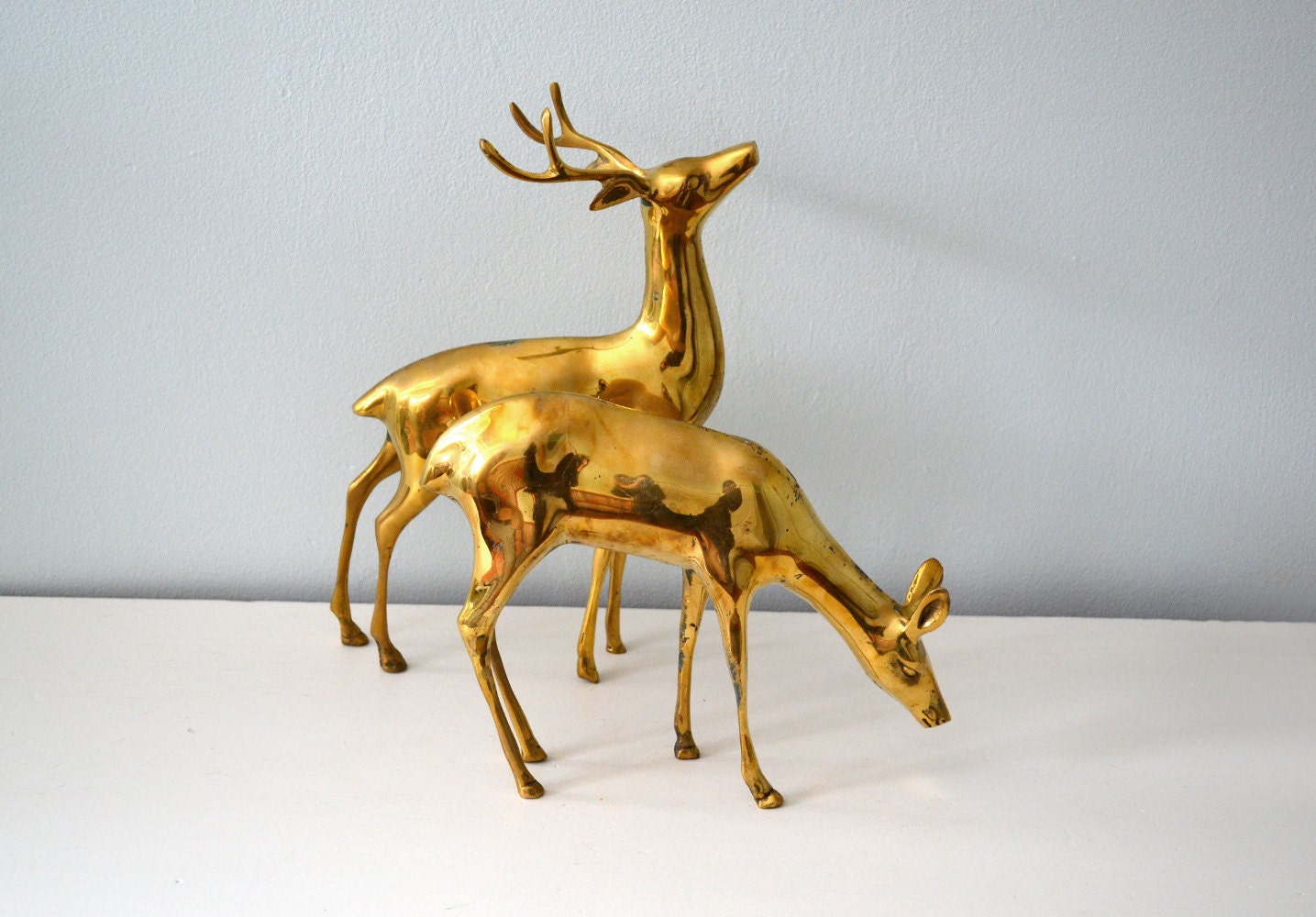 Vintage Figurines, Large Brass Deer, Shiny Gold Tone Metal Doe, Buck with Antlers, Statue Pair, Woodland Animals