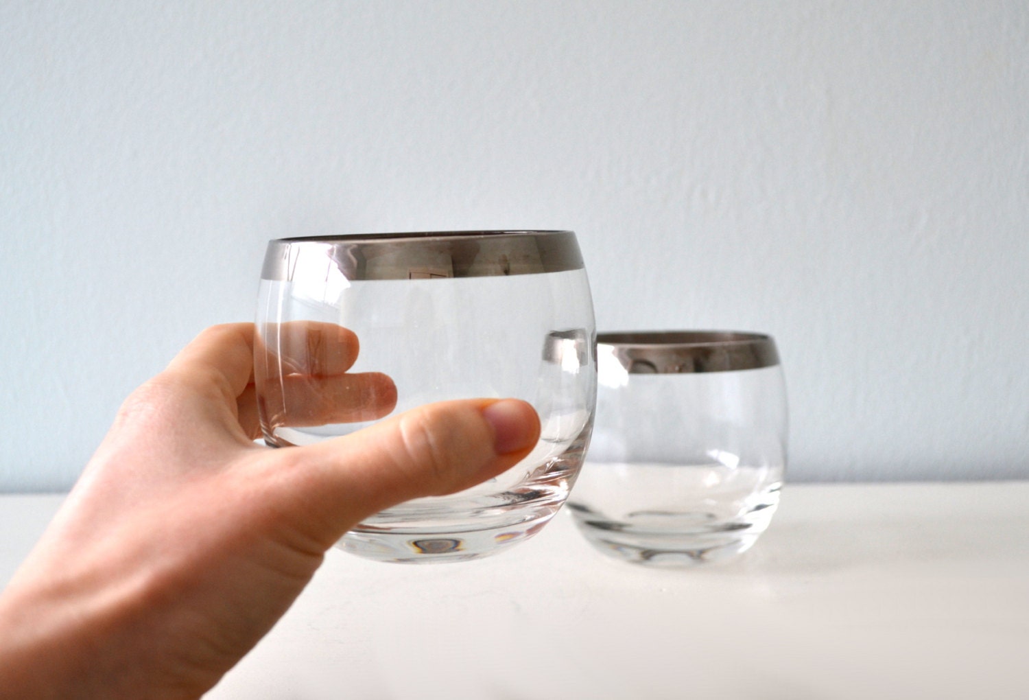 Vintage Roly Poly Glasses, Mad Men Silver Rim Drinking Glassware, Midcentury Barware, 1960s Silver Rimmed
