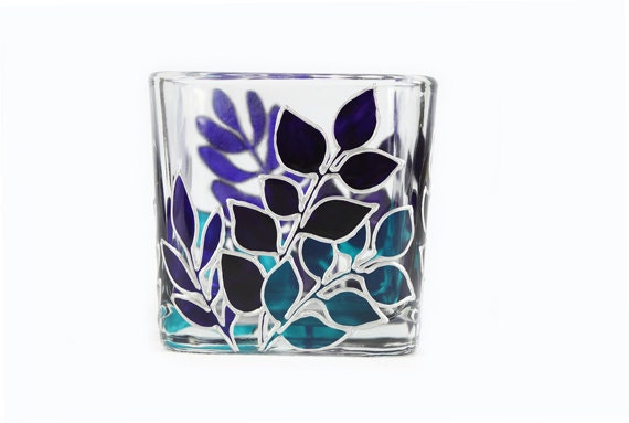 Hand Painted Glass Candle Holder Tea light candle holder hand painted glass stained glass  Blue purple turquoise leaves home decor