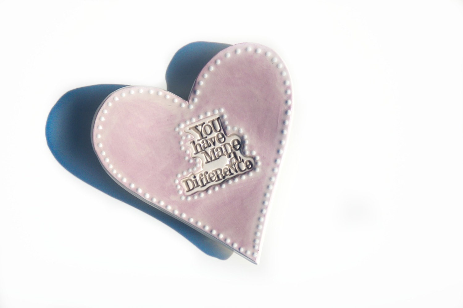 lilac purple heart tea dish with white dotted detail and quote