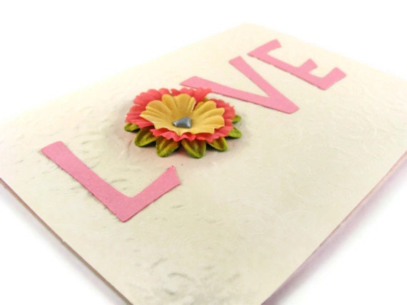 Embossed Love Handmade Greeting Card with Flower Valentine's Day Anniversary Romance Mother's Day Pink Yellow Cream