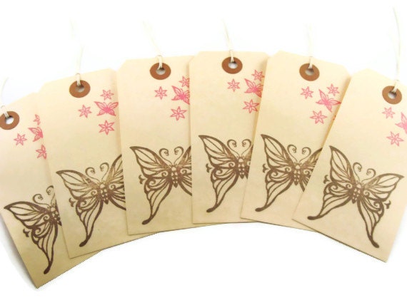 Chocolate Brown & Pink Butterfly Gift Tags Set of 6 Handmade Merchandise Tags Gift Wrap Scrapbooking Wedding Escort Tags