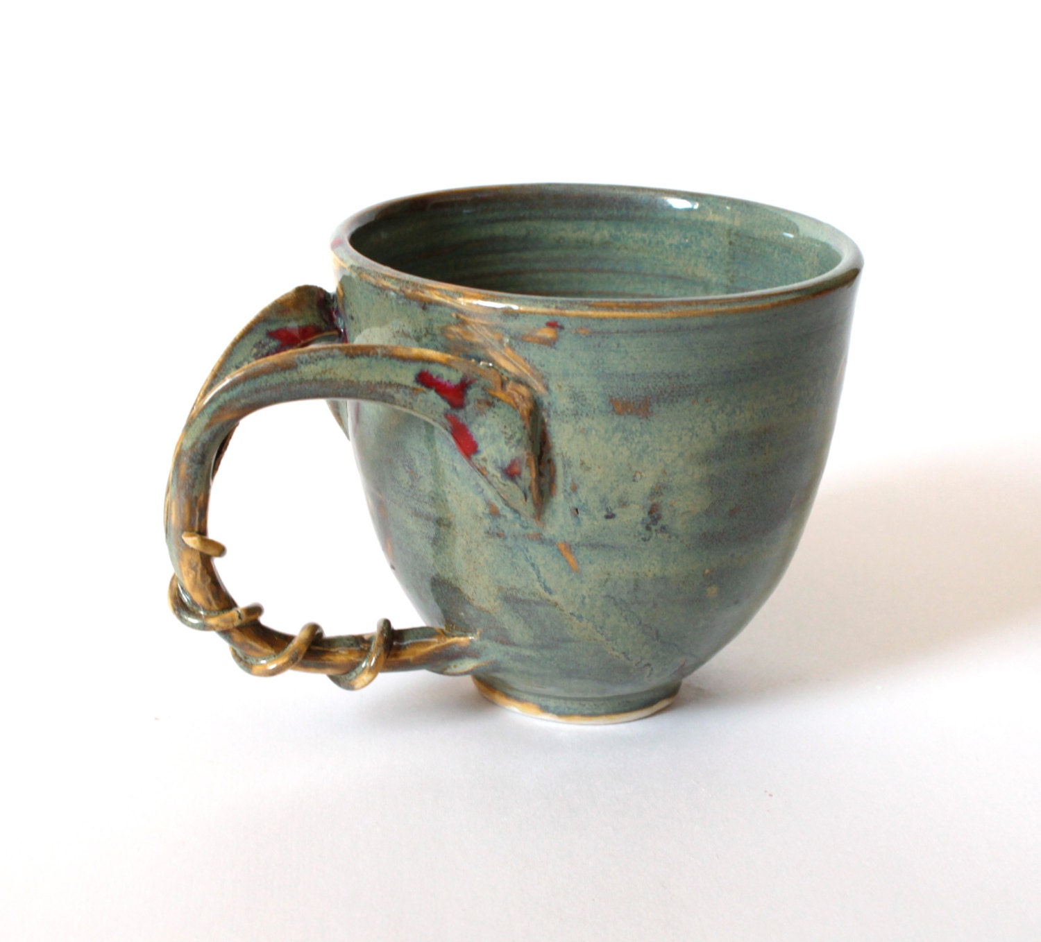 Green jade coffee mug, organic, nature inspired, split handle tea cup