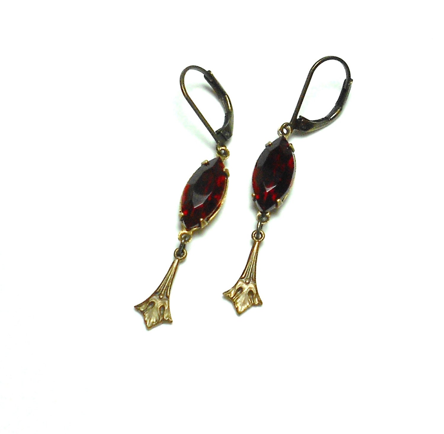 Old Hollywood Vintage Swarovski Siam Red Navette Earrings - Estate Jewelry - Red Earrings - Art Deco Earrings - Retro Glam