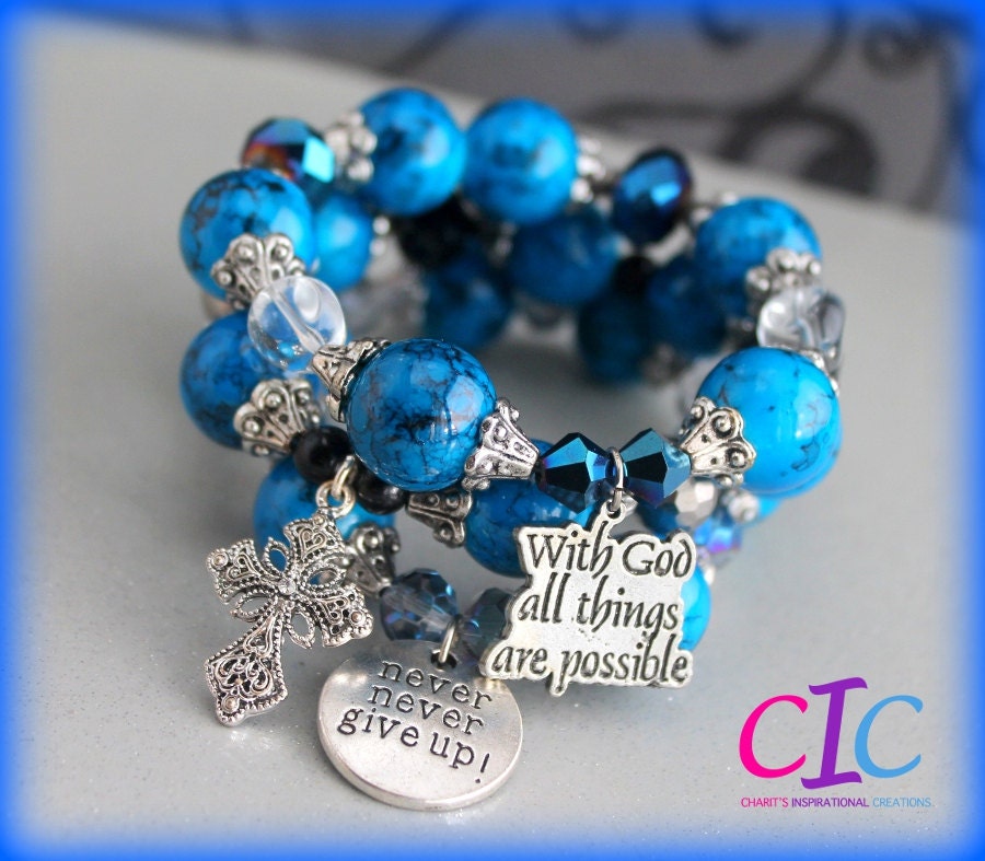 Never Give Up on God Blue Inspirational Stackable Bracelet Set: Made to Order