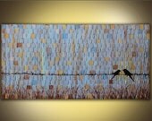 Bird painting LARGE long original acrylic on canvas birds on a wire 48 x 24