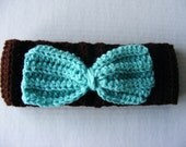 Brown & Light Blue Crochet Bow Headband/Ear warmer