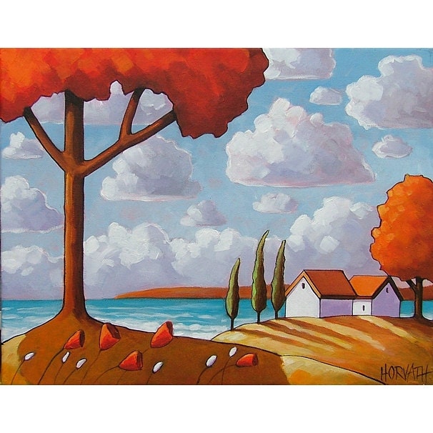 PAINTING ORIGINAL Folk Art Seaside Red Tree Modern Coastal Abstract Landscape Ocean Cottage Fine Art Horvath Buchanan 11x14