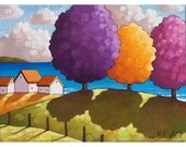 PAINTING ORIGINAL Folk Art Seaside Multicolored Spring Trees Modern Abstract Coast Cottages Landscape Fine Artwork Horvath Buchanan 12x16