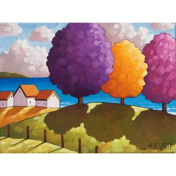 PAINTING ORIGINAL Folk Art Seaside Multicolored Spring Trees Modern Abstract Coast Cottages Landscape Fine Artwork Horvath Buchanan 12x16