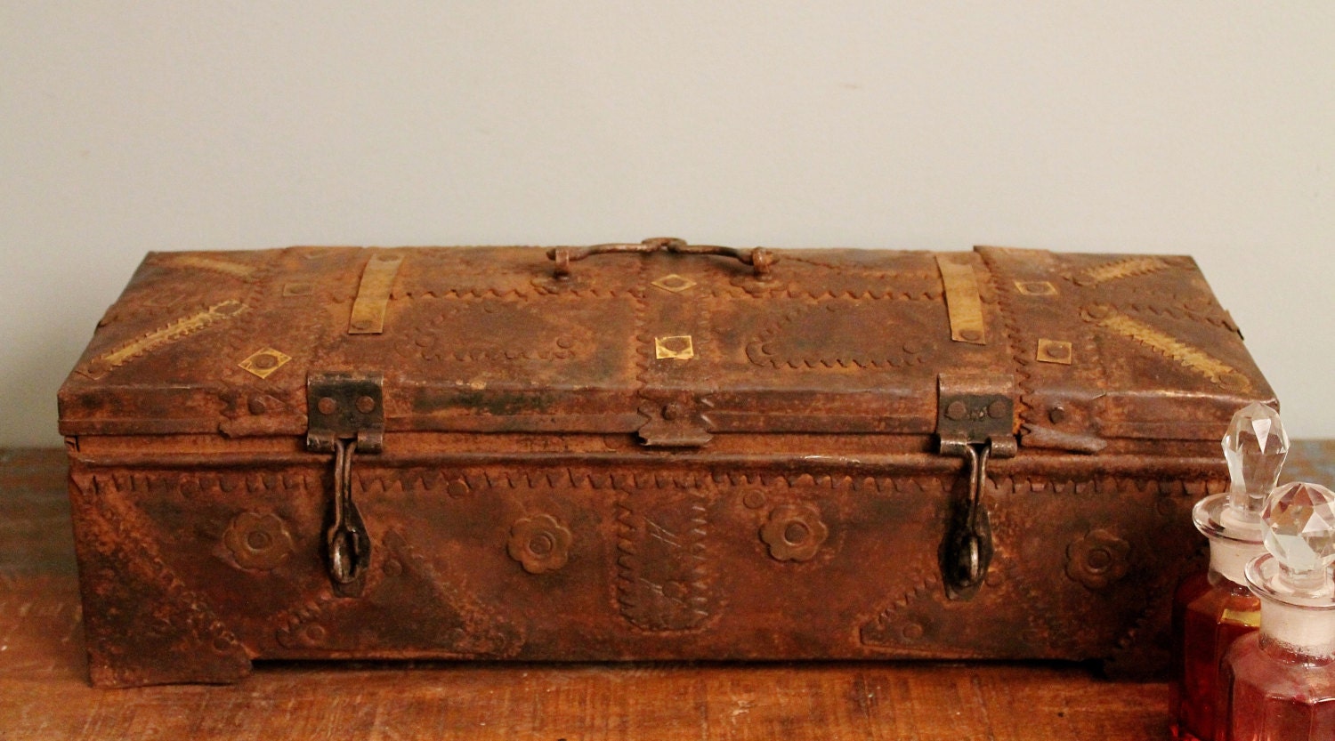 SALE Vintage Indian Industrial Rusty Hand Made Distressed Metal Box Folk Art