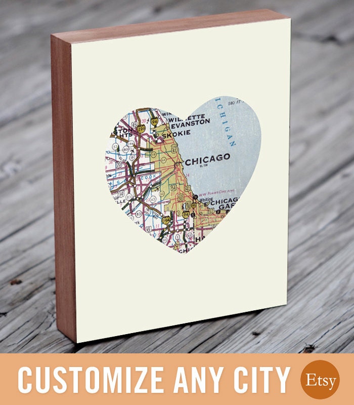 Customized City Map Heart - Wood Block Art Print