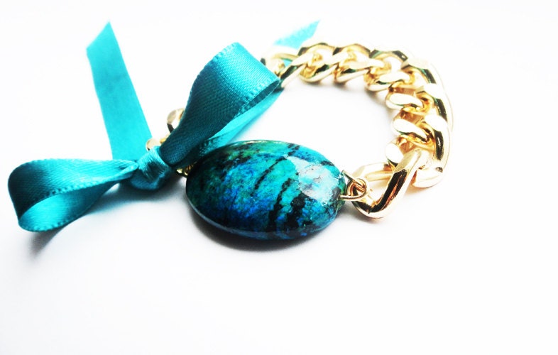 Chunky Gold Bracelet Chain Blue Turquoise Stone Bracelet Turquoise Bracelet Mint Ribbon Teal Ribbon Gold Bracelet