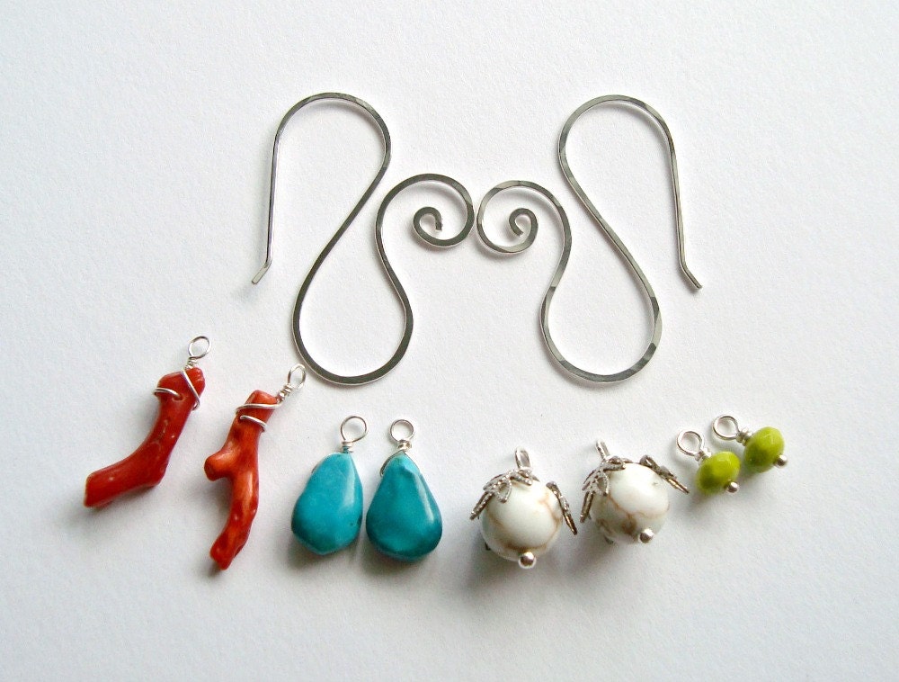 Tribal Mix and Match Earrings, Turquoise Coral Dangles, Sterling Silver Swirl Earrings, Blue Green Drops