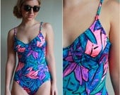 Vintage 80s One Piece Swimsuit  /  Neon Tropical  Palm Frond Wire Bust Bathing Suit  /  1980s  /  Large L