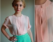 Vintage 80s Silky Blouse  /  1980s Peach Tuxedo Slouchy Oversized Hidden Button Top  /  OSFM