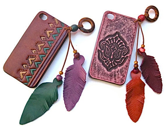iPhone 4S Cases Leather Embossed WITH Detachable Wristlet and Pendant Leather Thonging