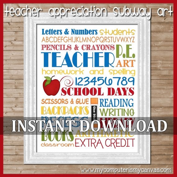 Teacher School Days Subway Art -  Printable INSTANT DOWNLOAD