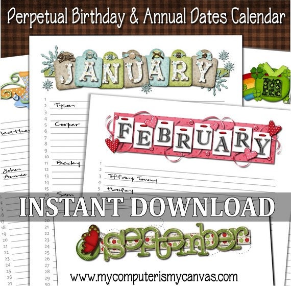 Perpetual Birthday & Annual Dates Calendar Printable INSTANT DOWNLOAD