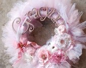 The Gracynn Wreath - Vintage Style Shabby Chic Tutu Tulle Wreath- Pink and Neutrals with varied pearl accents -lace- feathers