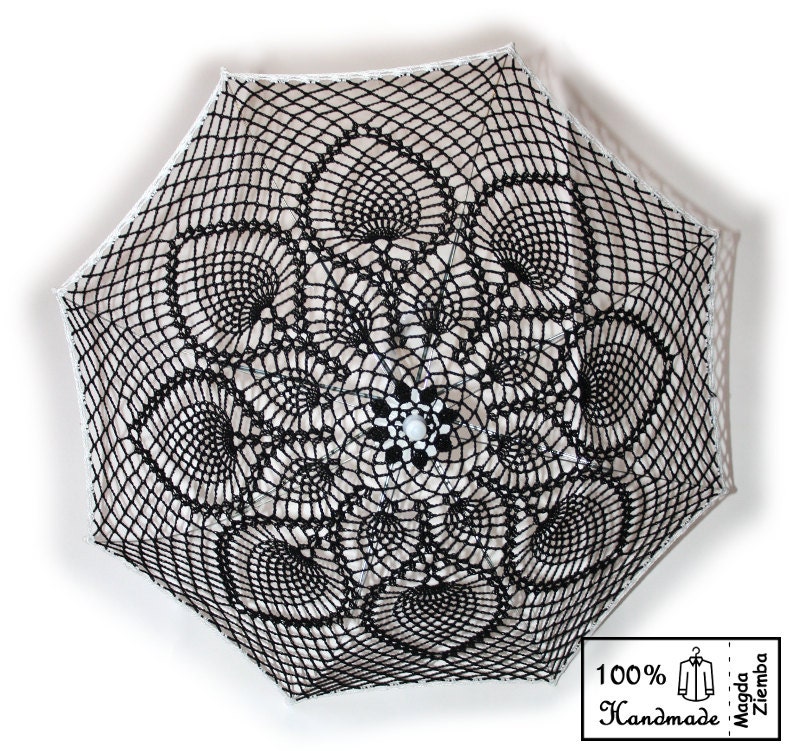 30"  BLACK w/ WHITE Border Lace Crochet UMBRELLA Parasol, Steampunk, Gothic, Victorian, Mothers Day Wedding- Made to order