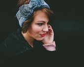 Crochet Mini Bow Tie Ski Headband in Blue Blend