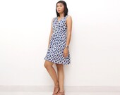 Vintage 90s Sleeveless Crossover Babydoll Dress, Navy, White Circle Print, Large