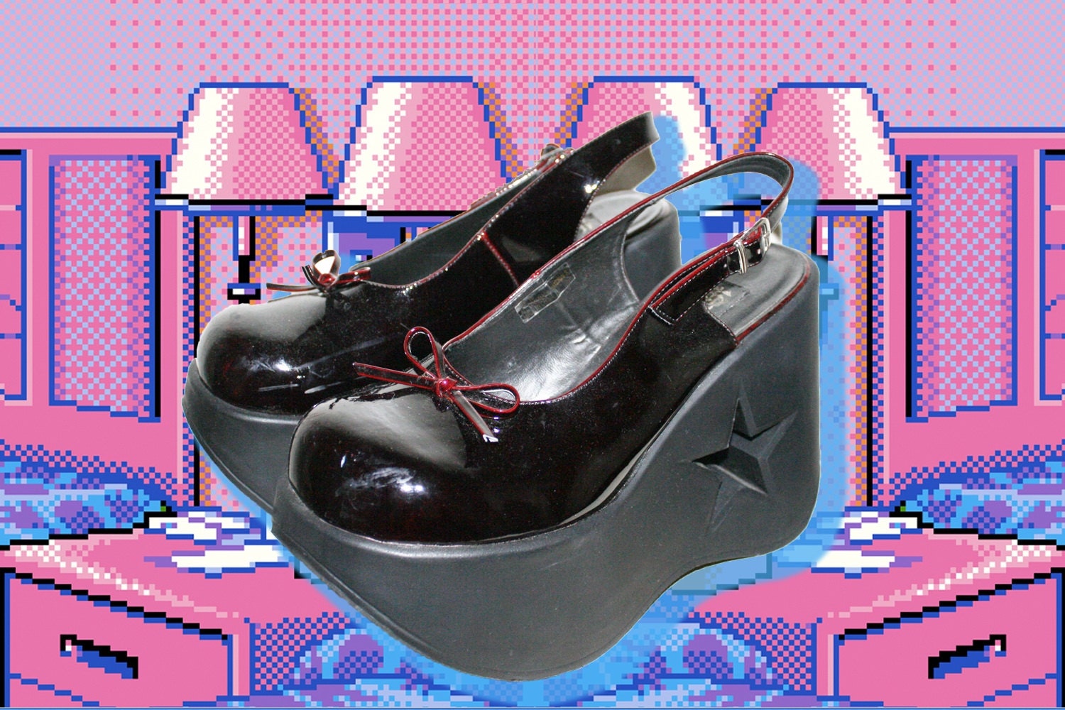 Vintage 90s MALL GOTH womens dark red star cut out mega platform  10