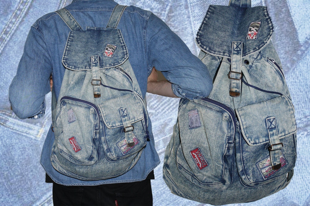 80s 90s grunge acid wash denim backpack