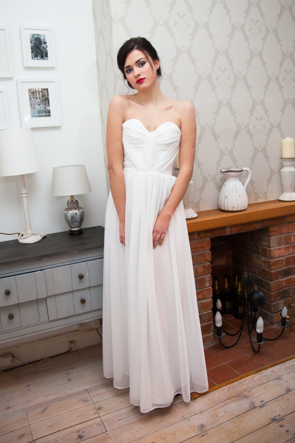 Romantic White / Ivory Chiffon hand pleated, sweet heart Silk Wedding Dress. Floor length - Custom made Wedding, Evening UK Ready to Ship