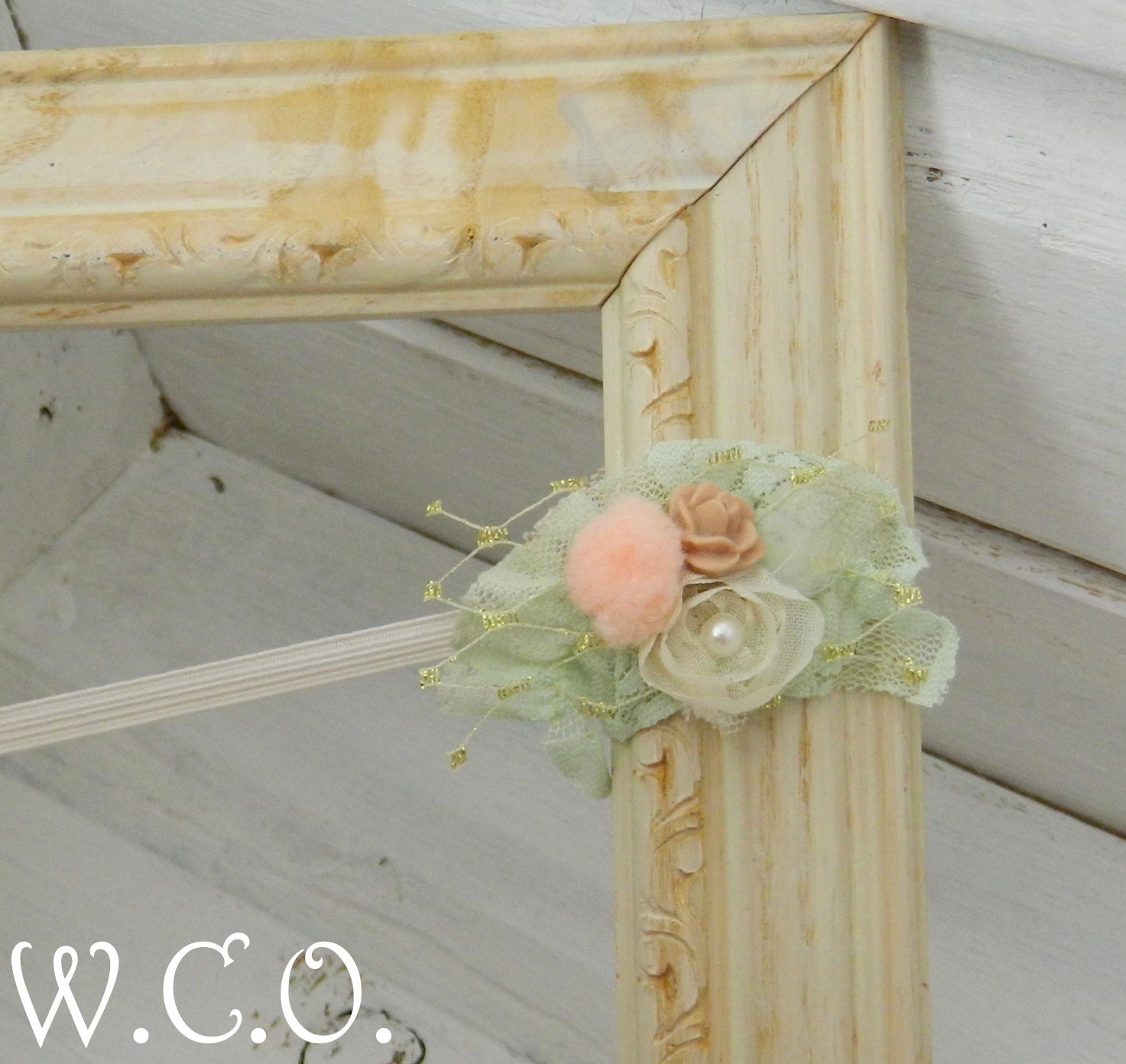 the ABIGAIL Mint Gold and Peach Lace and Shabby Flower Headband