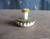 Felted saffron yellow amanita mushroom in a cream-colored bottlecap, a tiny wool garden