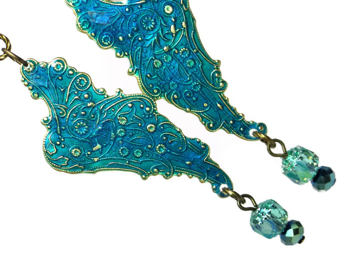 Steampunk Earrings Basse-taille Enamel Wings in Gold Brass and Peacock Blue by  Dr Brassy Steampunk