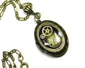 Steampunk Locket Necklace with Gears- Cognition Frozen in Time - Necklace in Ox Brass by Dr Brassy Steampunk