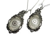 Steampunk Earrings Art Nouveau Silvee Camphor Glass Cameo with Silver Gears in Silver plated brass - by Dr Brassy Steampunk