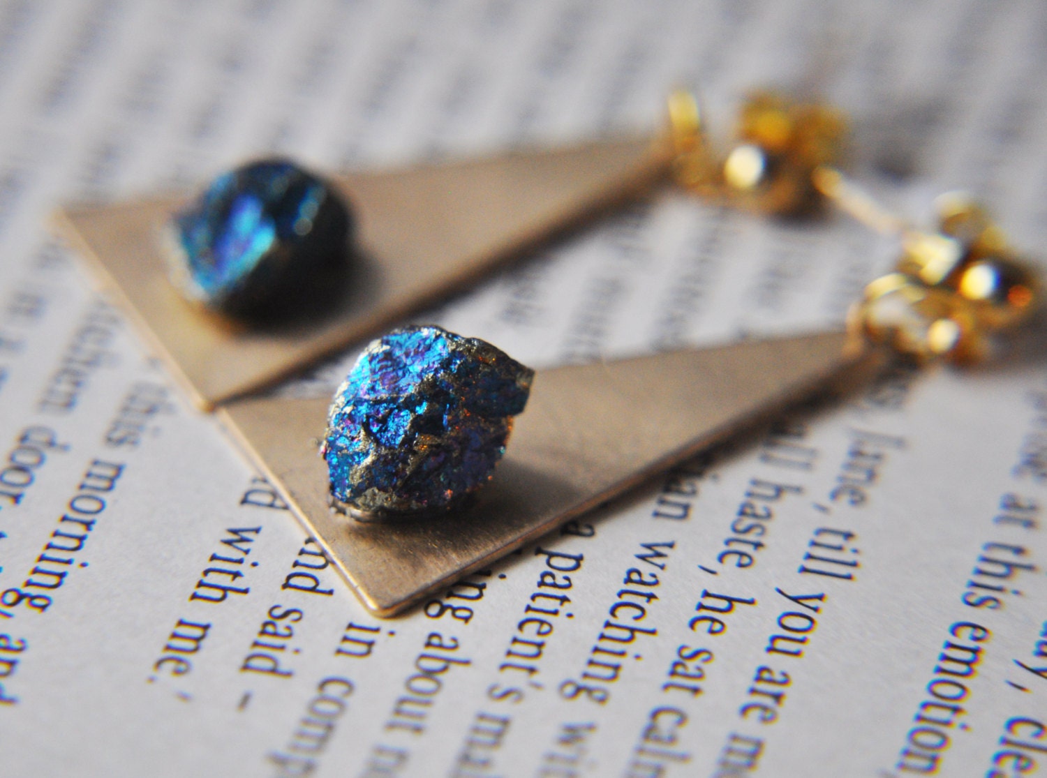 Peacock Pyrite Ore Earrings - Geometric Triangle Earrings - Gold Brass Triangle Earrings - Peacock Pyrite Earrings