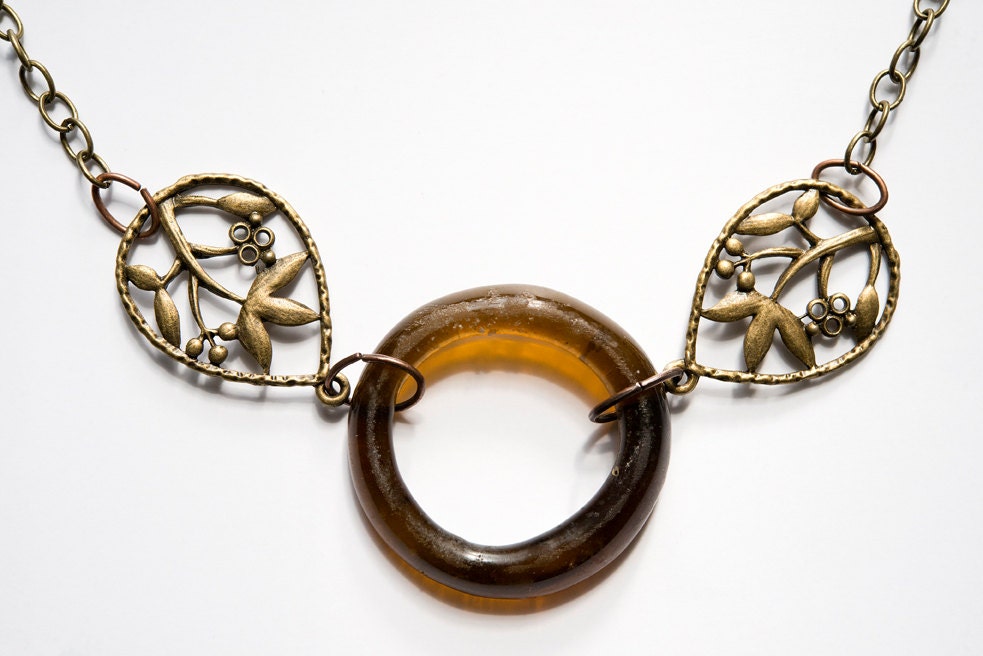 Brown Beer Bottle Circle with Brass Flower Charms