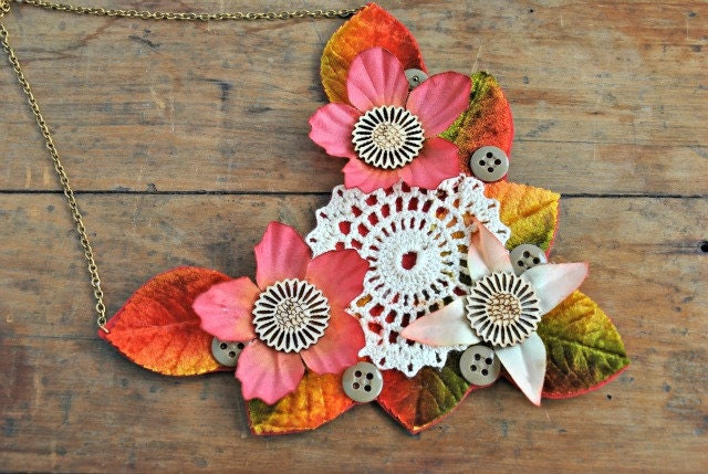 Upcycled Eco, Woodland Flower, Felt Statement Necklace, Bib Collar, Crochet Doily, Pink Red, Autumn Leaves, Nature Garden