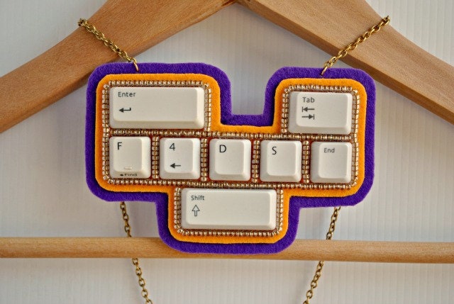 Keyboard Jewelry, Geek Necklace, Statement Jewellery, Upcycled Eco Friendly, Bib Collar, Felt, Beaded, Purple Yellow Gold